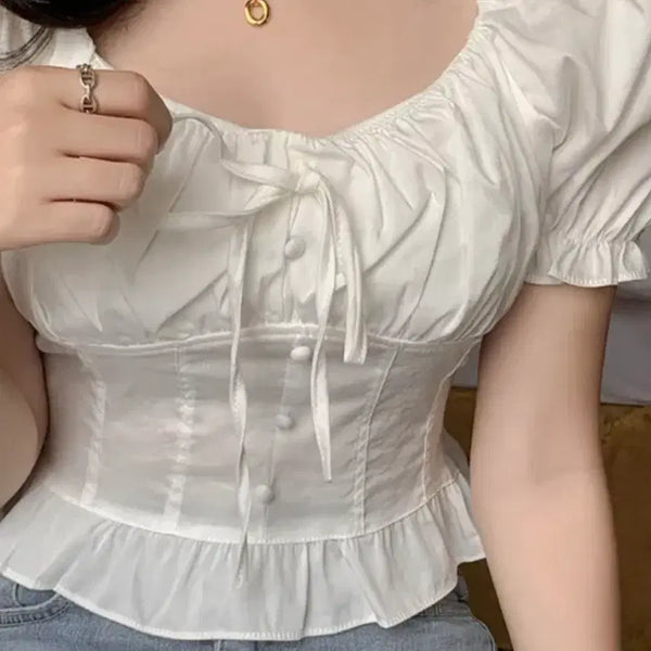 [BUNJANG] White Shirring Crop Blouse / 화이트 셔링 크롭 블라우스