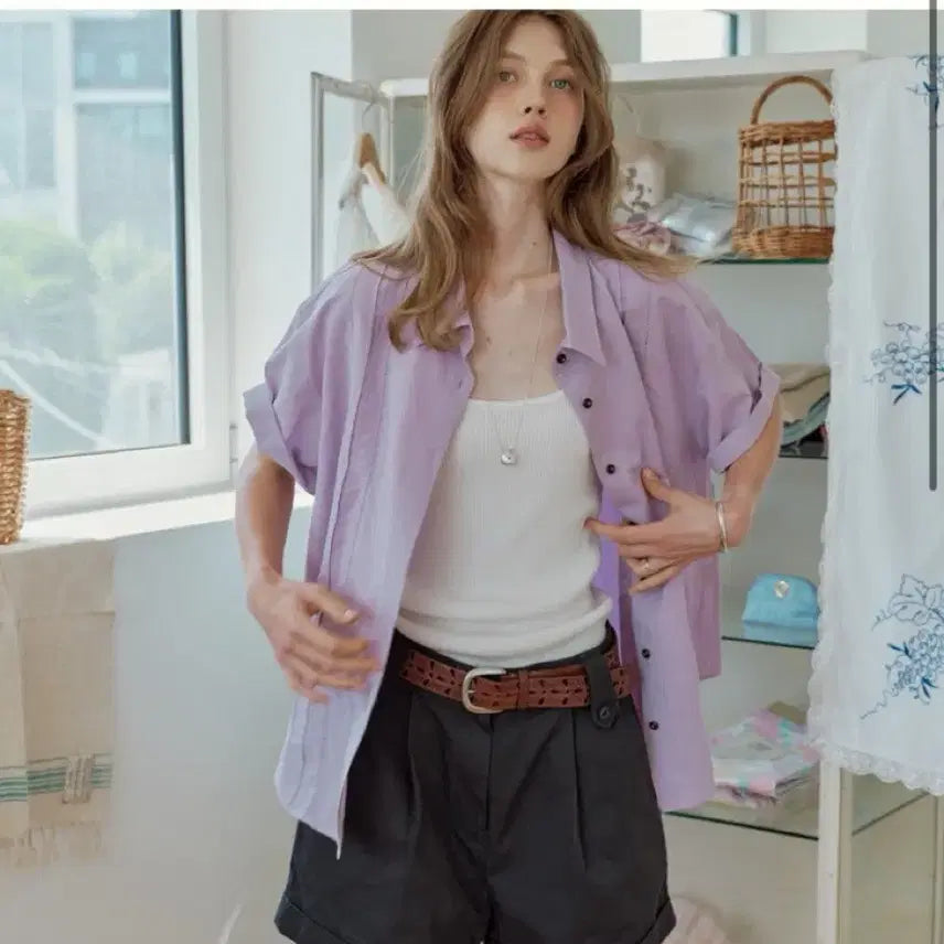 [BUNJANG] Modest Mood Irish Short Sleeve Shirt (Lavender) / 모데스트무드 아이리쉬 반팔 셔츠 (라벤더)