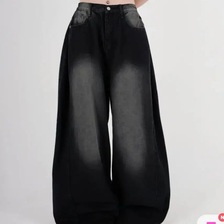 [BUNJANG] Plus Size Wide Fit Pin Tuck Denim Pants - Black Blue / 에이블리 통통 사이드 핀턱 와이드 핏 빅사이즈 데님 팬츠 흑청