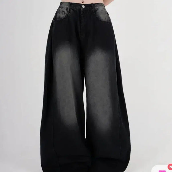 [BUNJANG] Plus Size Wide Fit Pin Tuck Denim Pants - Black Blue / 에이블리 통통 사이드 핀턱 와이드 핏 빅사이즈 데님 팬츠 흑청