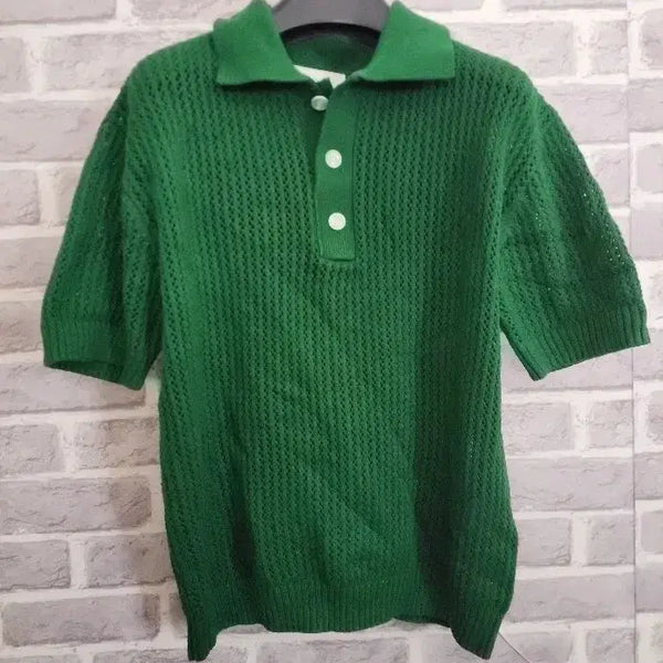 [BUNJANG] Minav Green Short Sleeve Collared Knit M / 미나브 그린반팔 카라니트M/알뜰한여우