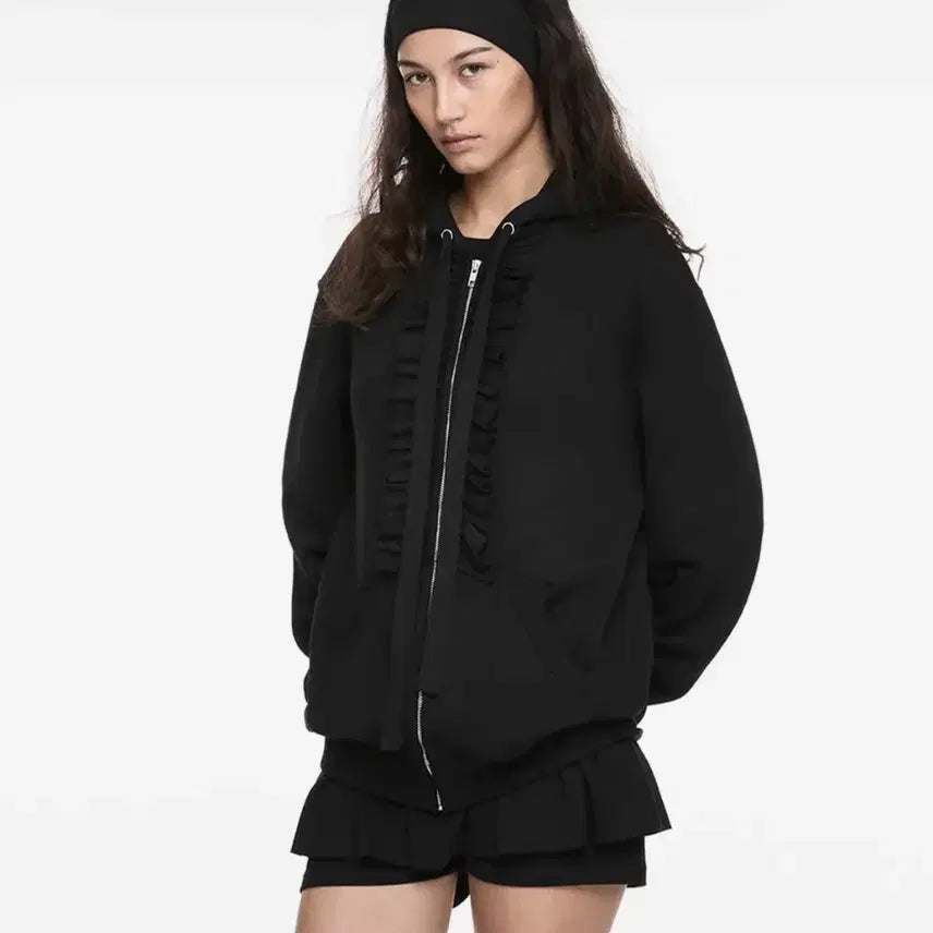 [BUNJANG] NACHE Ruffle Zip-Up Hoodie Black / 나체 러플 후드집업 후디 블랙 NACHE