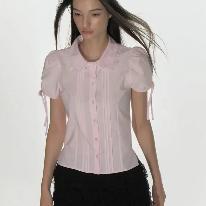 [BUNJANG] Crank Pin Tuck Lace Collar Blouse - Pink / 크랭크 핀턱 레이스 카라 블라우스 핑크