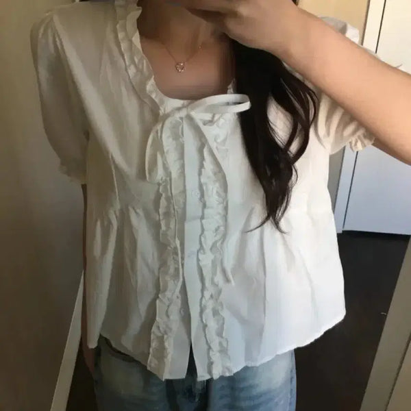 [BUNJANG] Repit Lovely Frill Tie Ribbon Short Sleeve Blouse / 1회착 레핏 러블리 프릴 타이 리본 반팔 블라우스