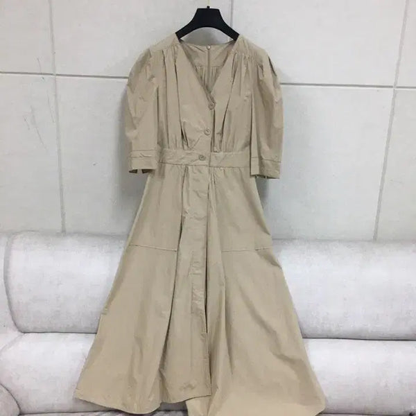 [BUNJANG] System V-Neck Puff Sleeve Long Shirt Dress / 한섬 시스템 정품   브이넥 셔츠 퍼프소매  반팔 롱원피스