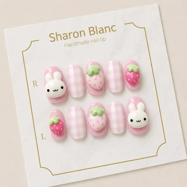 [BUNJANG] Strawberry Rabbit Embossed Nail Tips - 15 Shapes / 딸기 토끼 엠보 네일팁 / 15종 쉐입