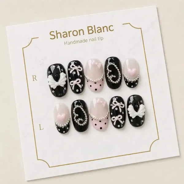 [BUNJANG] Sharon Blanc "Ribbon Dot Angel Core" Nail Tips (15 Shape Options) / 리본 도트 엔젤코어 네일팁 / 15종 쉐입