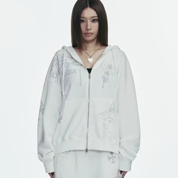 [BUNJANG] Gilla8te Tattoo Graphic Hoodie Zip-Up White / 길라아카이브 타투 그래픽 후드 집업 화이트