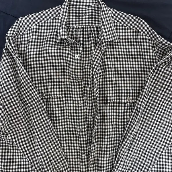 [BUNJANG] Porter Classic Linen Gingham Check Roll-Up Shirt BLACK M / 포터클래식 롤업 린넨 깅엄 체크셔츠 BLACK