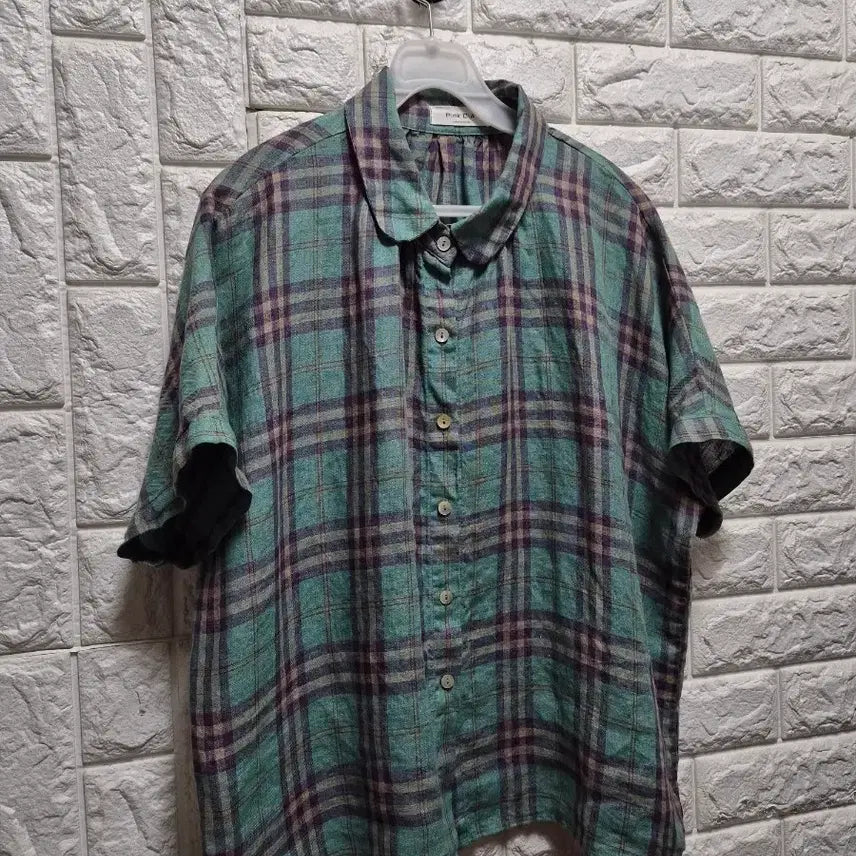 [BUNJANG] Pink Dia 100% Linen Check Short Sleeve Shirt / Pink Dia 린넨100 체크 반팔 셔츠