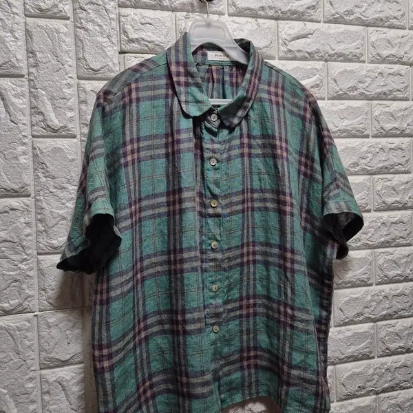 [BUNJANG] Pink Dia 100% Linen Check Short Sleeve Shirt / Pink Dia 린넨100 체크 반팔 셔츠