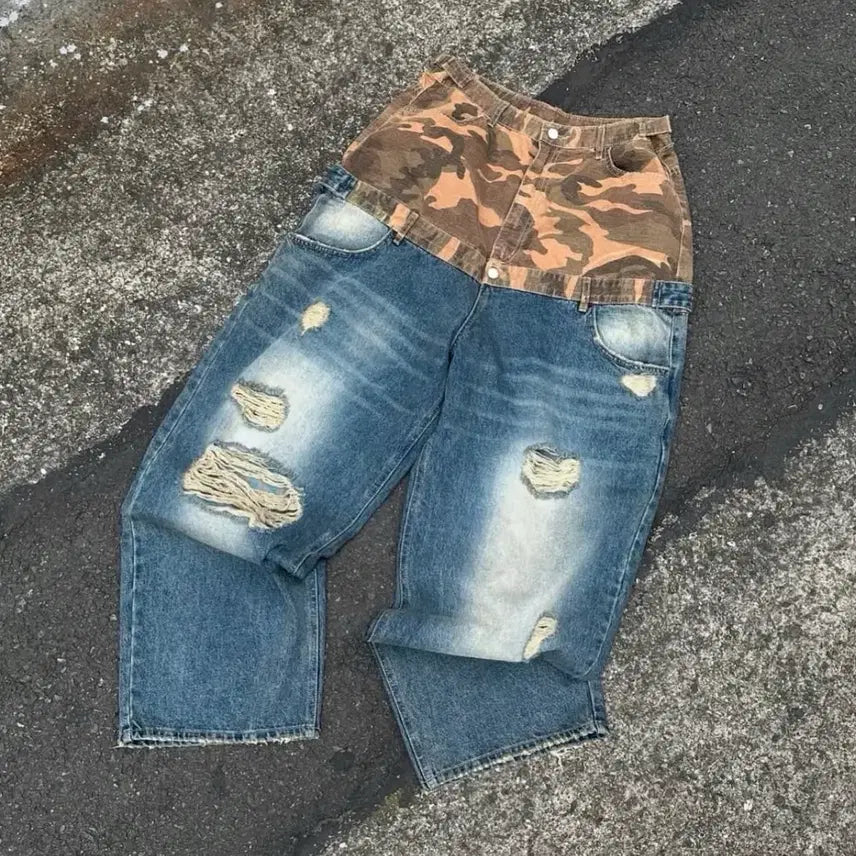 [BUNJANG] Preoccupy Camo Half Layered Denim Pants / Preoccupy 프리아큐파이 카모 하프 레이어드 데님 팬츠
