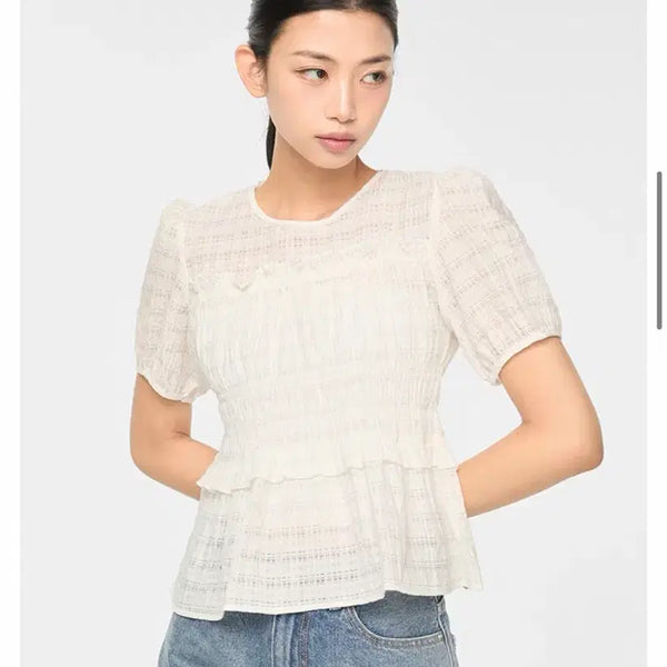 [BUNJANG] MIXXO Women's Pink Smocked Blouse with Ribbon Detail / 새상품:) 미쏘 MIXXO 스모킹 블라우스 핑크블라우스 여자 셔츠 리본