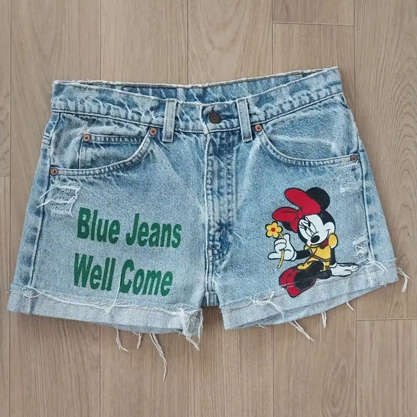 [BUNJANG] Levi's 505 Orange R-Tab Handmade Mickey Mouse Denim Shorts / xx 리바이스 505 오렌지 R탭 반바지 핸드메이드 미키마우스 청반바지