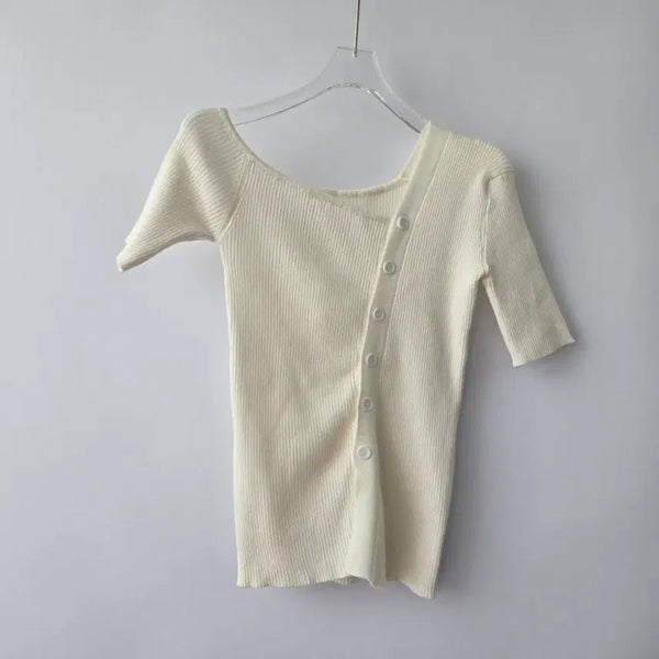 [BUNJANG] Cream Ribbed Button Short Sleeve Knit / s0207  크림색 골지 버튼 반팔 니트 F