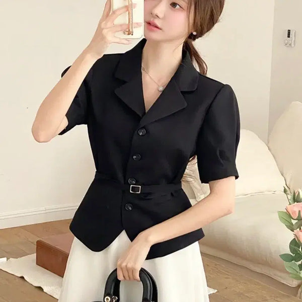 [BUNJANG] Black Puff Short Sleeve Belted Jacket / 원가96 [새상품] 블랙 퍼프 반팔 벨트 자켓 하객룩 오피스룩