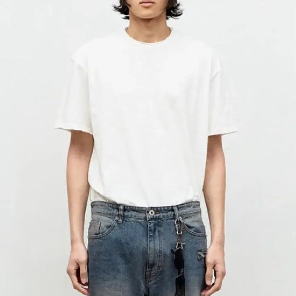 [BUNJANG] COER Low-Cut Cotton Sleeve T-Shirt Off White L / 쿠어 로우컷 코튼 슬리브 반팔 티셔츠 오프화이트 L(100~105사이즈