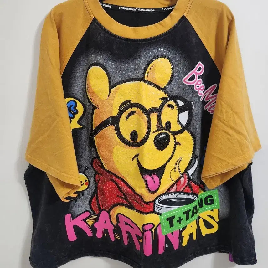 [BUNJANG] Disney Winnie the Pooh Character Color Block Sequin Short Sleeve T-Shirt / 곰돌이 푸 캐릭터 배색 스팽글 반짝이 반팔티셔츠<새상품>