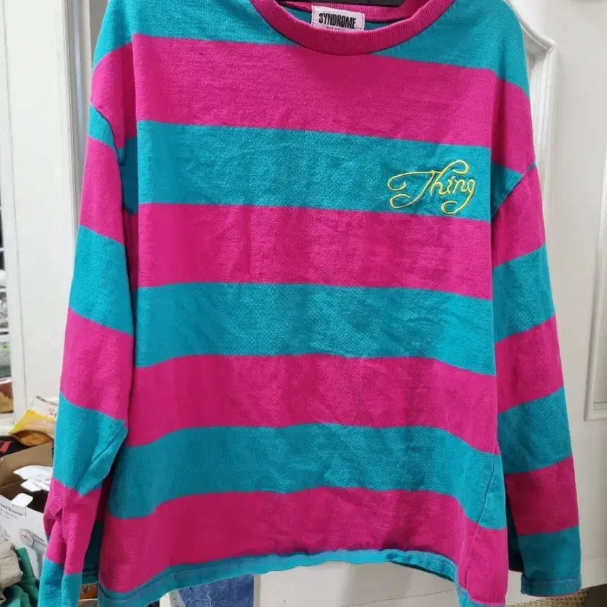 [BUNJANG] Syndrome Striped Long Sleeve T-Shirt Pink/Blue / 신드롬 단가라 티셔츠 핑크/블루