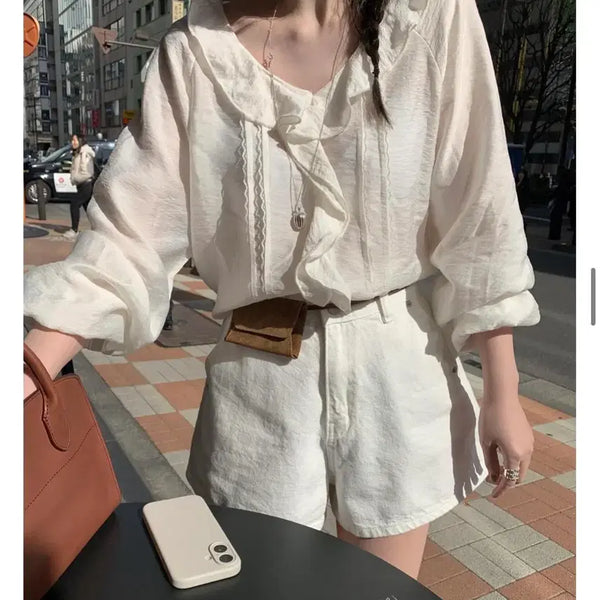 [BUNJANG] Frill Blouse Ivory Daily Look / 2시간착용 / 프릴블라우스 아이보리색 / 데일리룩