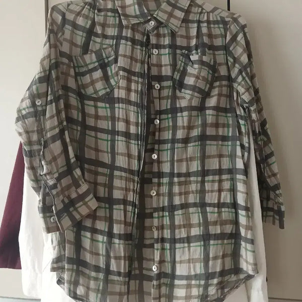 [BUNJANG] Women's Checkered Linen Blend Shirt / 살안타템 얇은 셔츠