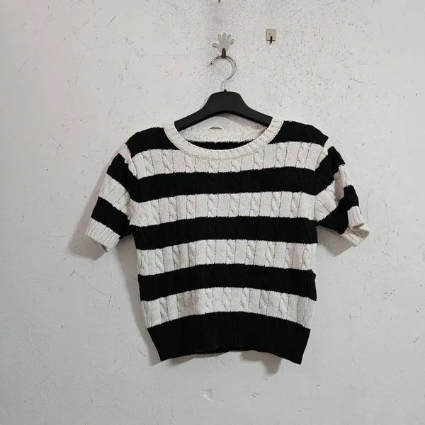 [BUNJANG] Striped Cable Knit Short Sleeve Top / 줄무늬 케이블 반팔 니트