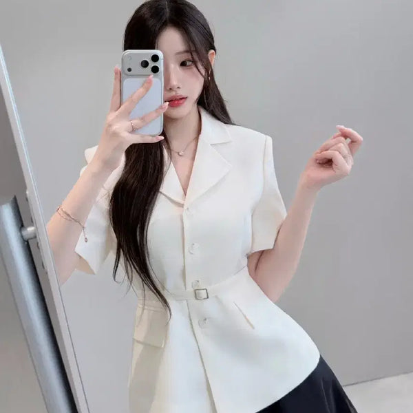 [BUNJANG] Short Sleeve Blazer Belt Set / 원가77 반팔 자켓 벨트 세트 블레이저 여름하객룩