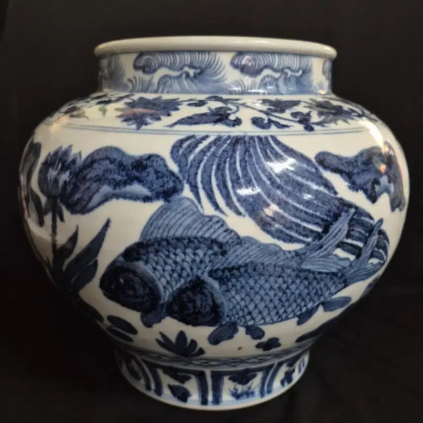 [BUNJANG] Celadon Porcelain Vase with Water Plants and Fish Motif / 쏘가리 잉어 붕어 청화 백자 수초 어문 단지 항아리 호
