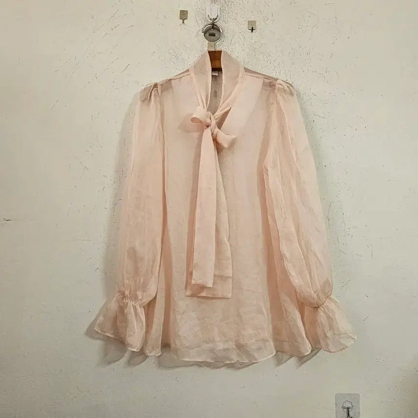 [BUNJANG] See-Through Ribbon Blouse Pink / 시스루리본 블라우스 핑크