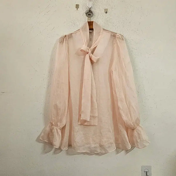 [BUNJANG] See-Through Ribbon Blouse Pink / 시스루리본 블라우스 핑크