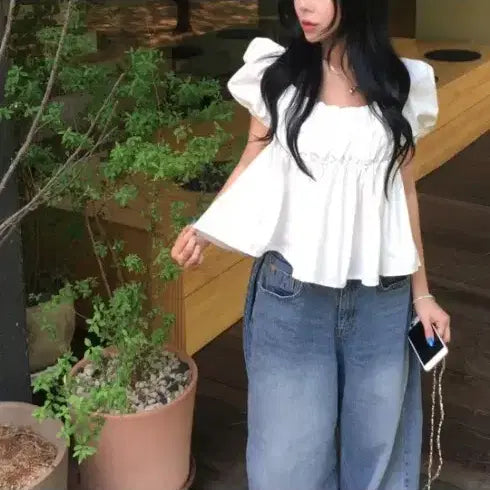 [BUNJANG] Ootj Looks You Blouse Set Denim Wide Pants / ootj 룩스유 블라우스 세트. 사이드 핀턱 폴딩 데님 와이드팬츠