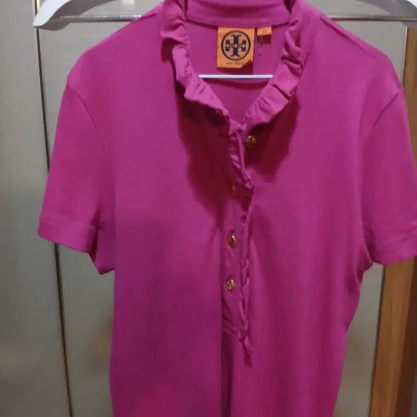 [BUNJANG] Tory Burch Ruffled Short-Sleeve Polo Shirt Pink / 토리버치 프릴 반팔 카라티 핑크