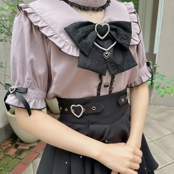 [BUNJANG] Rosita Pearl Chain Ribbon Brooch Blouse - Pink / 로지타 진주 체인이 달린 리본 브로치 블라우스 / 핑크 F
