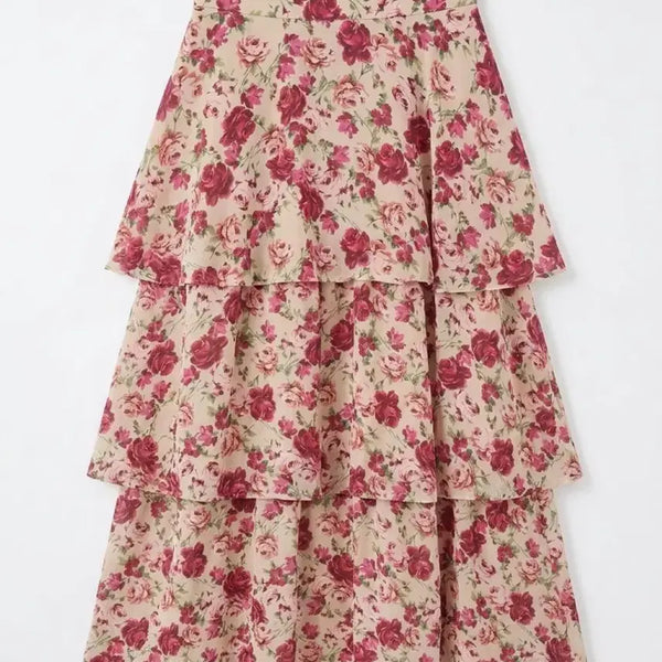 [BUNJANG] Floral Tiered Maxi Skirt Beige / 여성S/ amy 국내제작 플로럴 캉캉 스커트 베이지