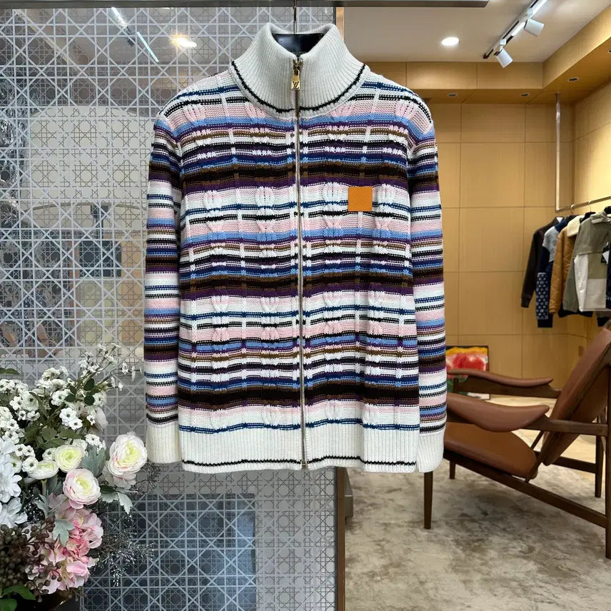 [BUNJANG] Louis Vuitton Striped Cable Knit Track Top / 루이비통 점퍼 스트라이프드 케이블 니트 트랙 톱 매장구매