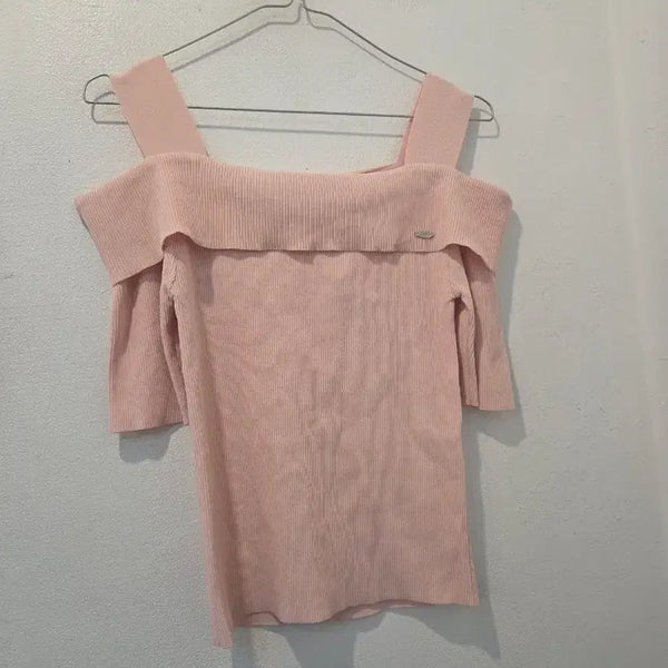 [BUNJANG] Pink Off-Shoulder Ribbed Knit Top / 핑크 오프숄더 골지 니트 가47