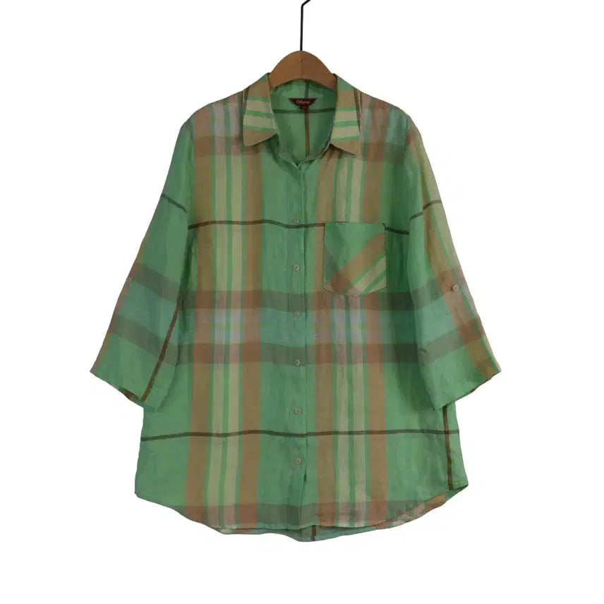 [BUNJANG] Osborne 100% Linen Check Shirt Mint Size 77 / Osborne 마100 체크 셔츠 77 린넨셔츠 민트 롤업 남방
