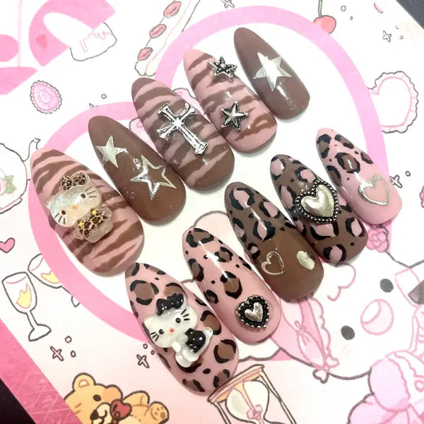 [BUNJANG] Handmade Hello Kitty Leopard Print Nail Tips - Y2K & Gal Style / (빠른배송)갸루 호피 헬로키티 수제네일팁 히메 공주 하이틴 y2k