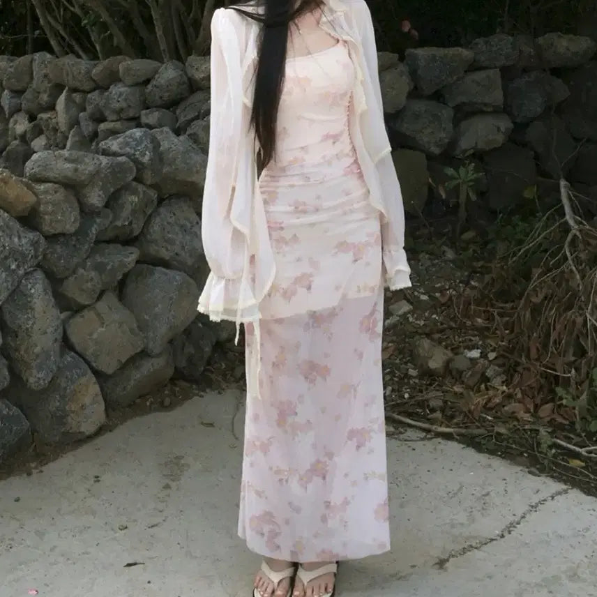 [BUNJANG] Sheer Floral Maxi Dress / 여리핏 플라워 시스루 나시 롱원피스 동남아룩 여행룩 데이트룩 에이블리