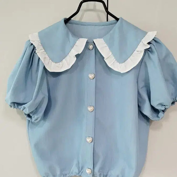 [BUNJANG] Light Blue Frill Collar Heart Button Puff Sleeve Blouse / 사랑스런 하늘색 플랫 카라 밴딩단 하트단추 너무 예쁜 블라우스