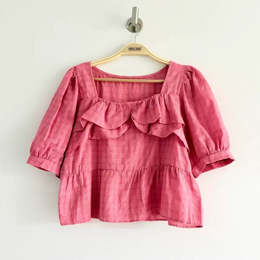 [BUNJANG] Pink Check Frill Blouse / 새상품)) 핑크 체크 프릴 블라우스