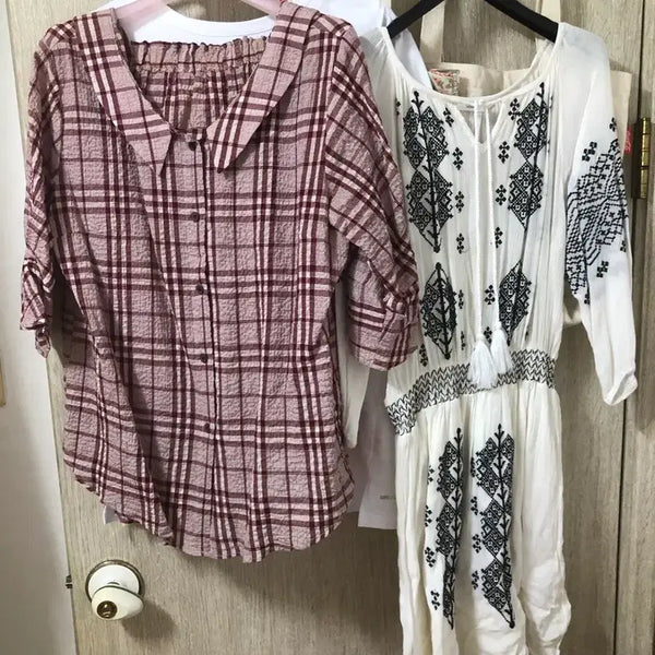[BUNJANG] Roem Embroidered Mini Dress & Suse Check Blouse Set / (새제품)로엠자수원피스&수스체크블라우스