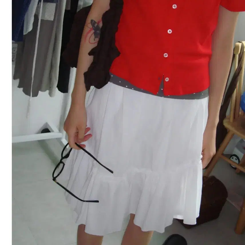 [BUNJANG] Daily Jou Sardi Shirring Frill Nylon Midi Skirt White / 데일리쥬 사르디 셔링프릴 나일론스커트 미세키서울 오헤시오