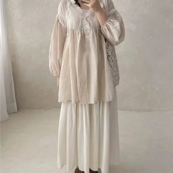 [BUNJANG] Frill Detail Beige Blouse / 프릴 원피스블라우스 베이지
