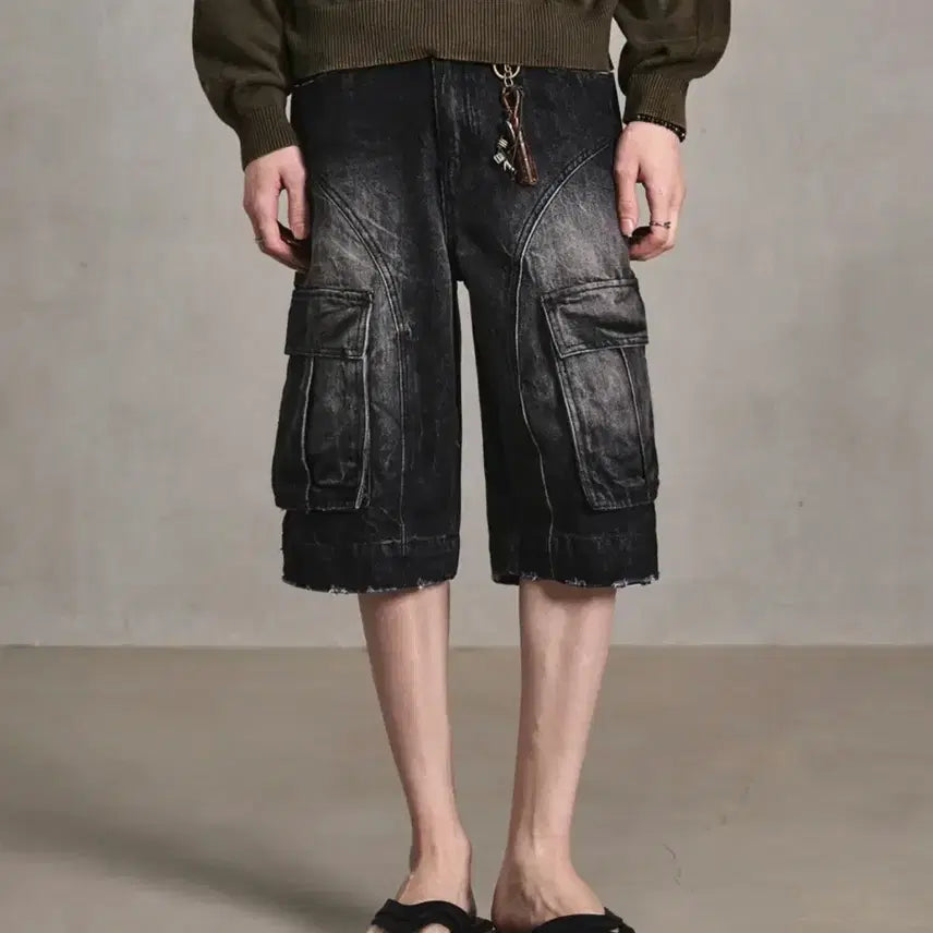 [BUNJANG] Elwood Cargo Wide Half Denim Pants Crack Black Size 48 / 엘무드 카고 와이드 하프 데님 팬츠 크랙블랙 48