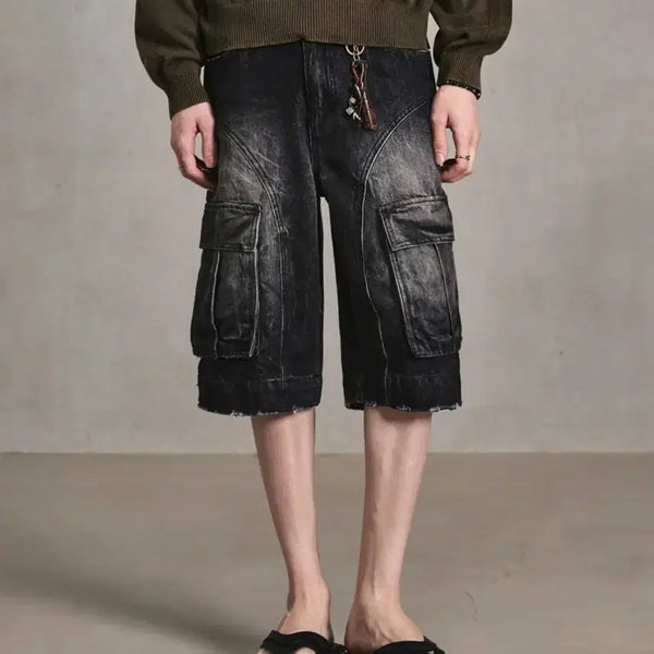 [BUNJANG] Elwood Cargo Wide Half Denim Pants Crack Black Size 48 / 엘무드 카고 와이드 하프 데님 팬츠 크랙블랙 48