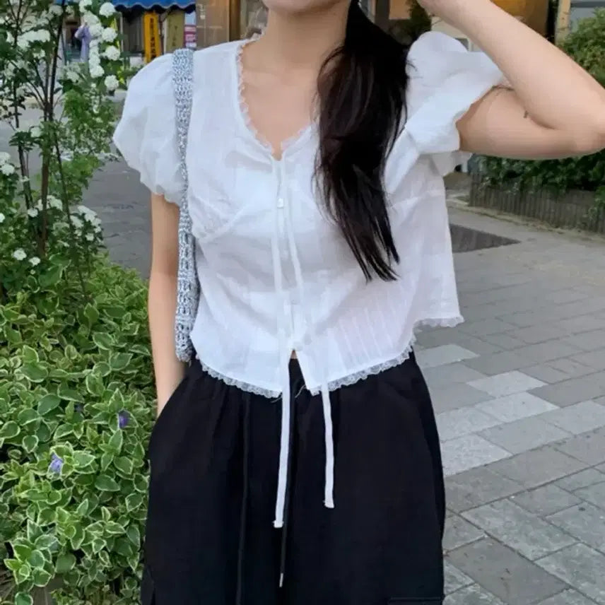 [BUNJANG] Grand Bloom Return Short Sleeve Puff Blouse Ivory / 그랑블룸) 리턴 반팔 퍼프 블라우스