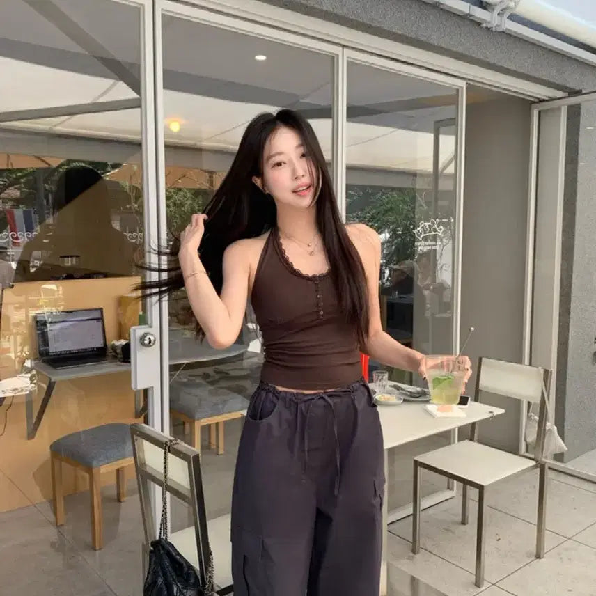 [BUNJANG] SYE Lace Halter Sleeveless Brown / 새상품] 시예 레이스 홀터 슬리브리스 브라운
