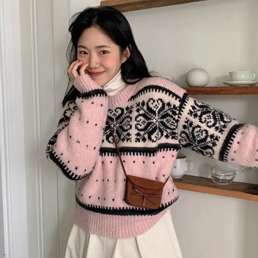 [BUNJANG] From Beginning Round Nordic Knit Pink / 프롬비기닝 라운드 노르딕 니트 핑크