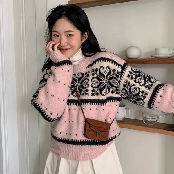 [BUNJANG] From Beginning Round Nordic Knit Pink / 프롬비기닝 라운드 노르딕 니트 핑크